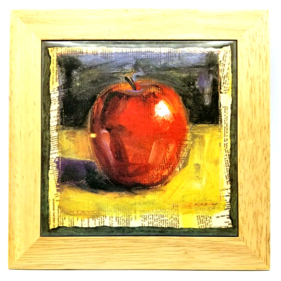 Wood Framed Ceramic Apple Tile Trivet or Wall Hanging 8x8" NEW in Box - Picture 1 of 7